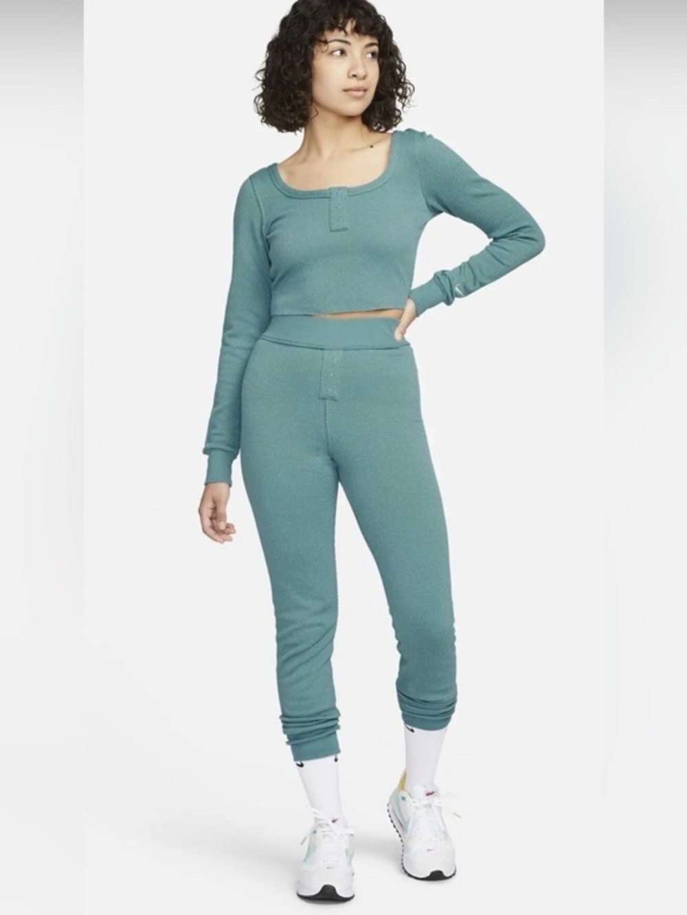 NWOT Nike Women’s Medium Everyday Waffle Knit Crop Top & Legging Pant Set M Teal